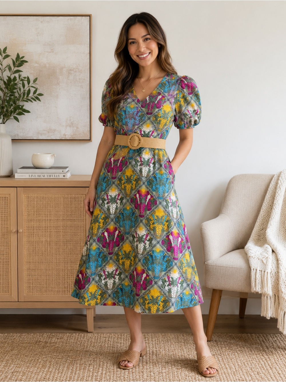 LOFT Petite 4 Tropical Floral Puff Sleeve Midi Dress Woven Belt Colorful NWT